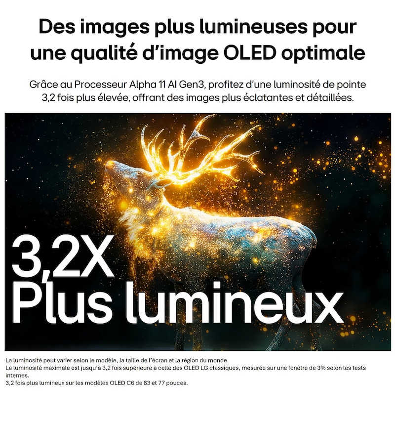 LG OLED evo AI C6 avec Brightness Booster Pro montre une scène sombre où des particules brillantes entourent une silhouette de cerf, offrant une luminosité de pic jusqu’à 3,2 fois plus intense avec une luminance plus élevée et des détails plus nets.